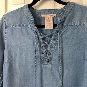 Philosophy Chambray Dress‎ Lace Up Casual Denim Shirt Dress Roll-Tab Sleeve SM
